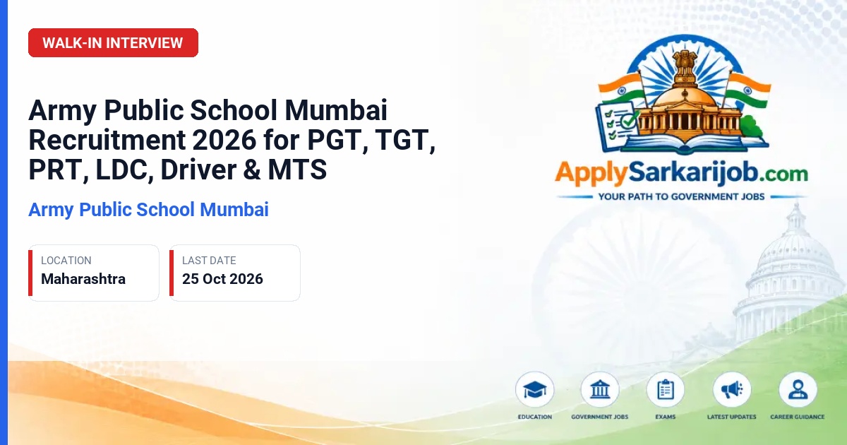 Army Public School Mumbai - PGT English, TGT English, Asst PRT (all subjects), Speech Therapist, School Bus Driver, Lower Division Clerk (LDC), Multi Tasking Staff (Grp D) Official Notification Poster & Schedule