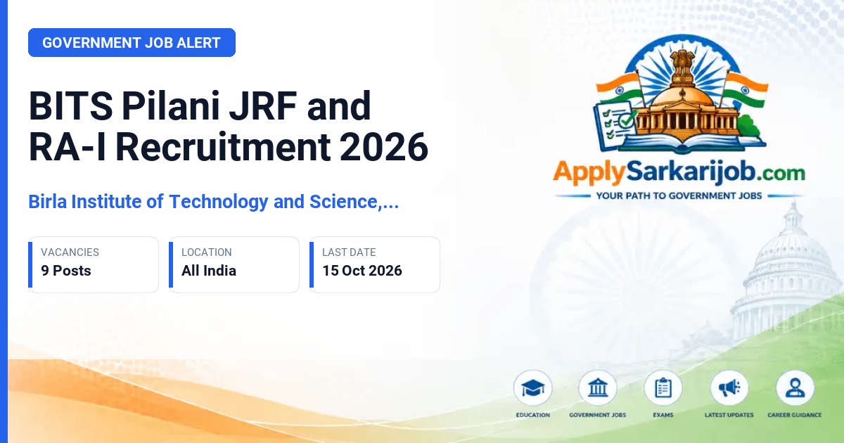 Birla Institute of Technology and Science, Pilani (BITS Pilani) - Junior Research Fellow / Research Associate-I Official Notification Poster & Schedule