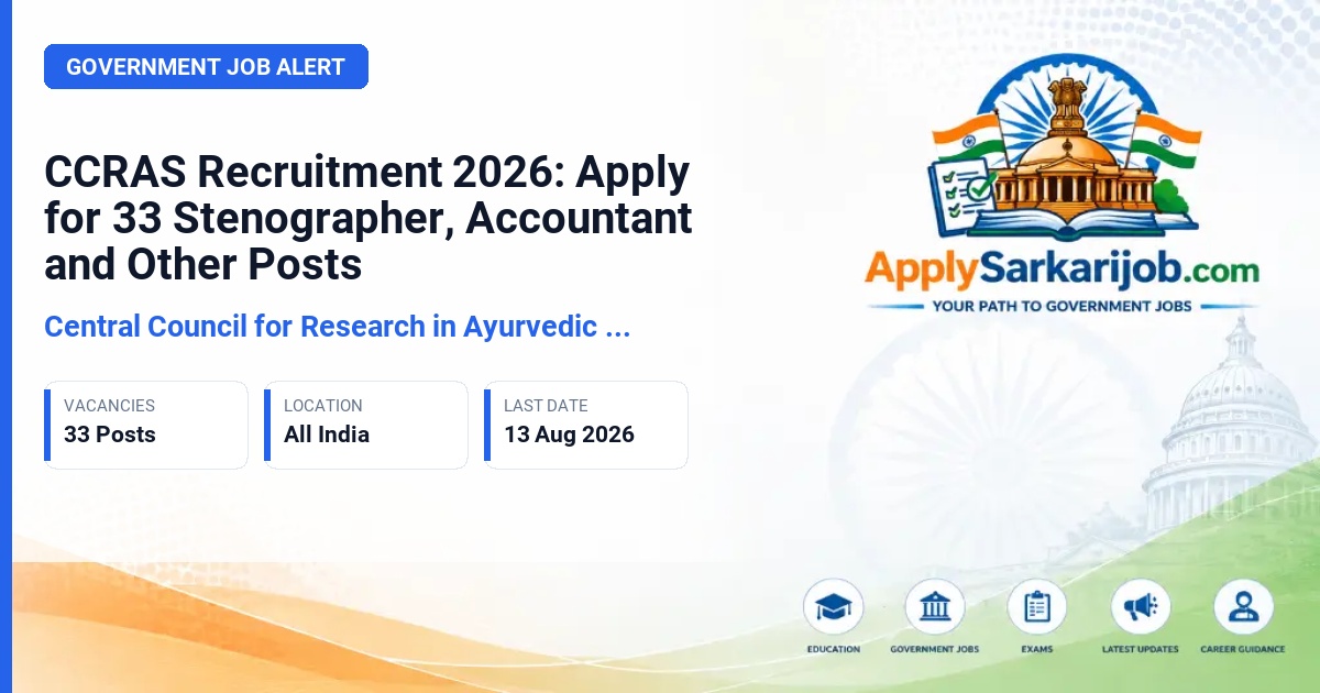Central Council for Research in Ayurvedic Sciences - Private Secretary, Stenographer Grade-I, Accountant, Upper Division Clerk Official Notification Poster & Schedule