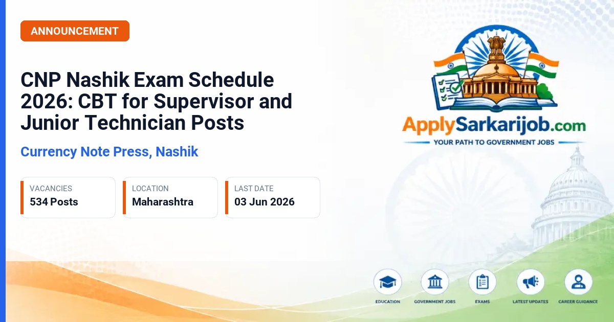 Currency Note Press, Nashik - Supervisor, Junior Technician, and Others Official Notification Poster & Schedule