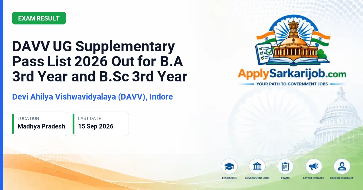 Devi Ahilya Vishwavidyalaya (DAVV), Indore - B.A 3rd Year and B.Sc 3rd Year Supplementary Pass List Official Notification Poster & Schedule