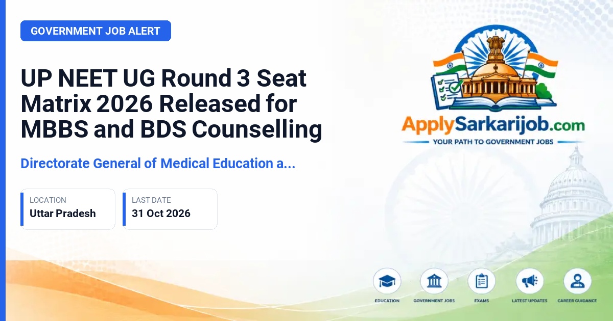 Directorate General of Medical Education and Training (DGME), Uttar Pradesh - NEET UG Counselling Round 3 Seat Matrix Official Notification Poster & Schedule