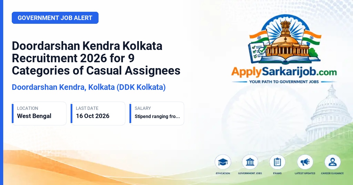 Doordarshan Kendra, Kolkata (DDK Kolkata) - Casual Assignees (Archive Assistant, PPA, Video Assistant, Social Media Editor, CG Operator & Others) Official Notification Poster & Schedule
