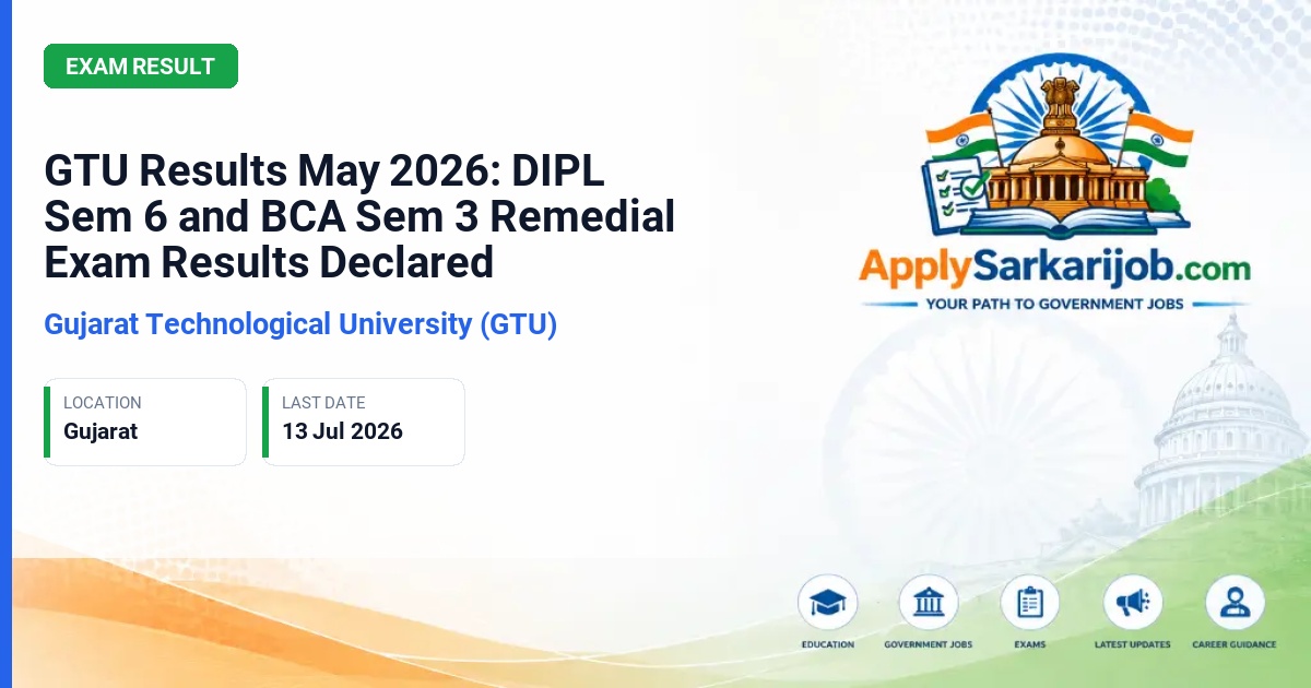 Gujarat Technological University (GTU) - GTU Results May 2026: DIPL Sem 6 and BCA Sem 3 Remedial Exam Results Declared Official Notification Poster & Schedule