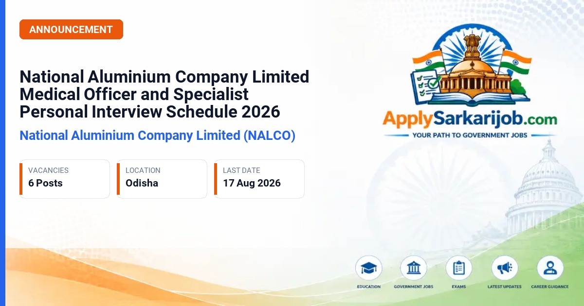 National Aluminium Company Limited (NALCO) - Medical Officer and Specialist (Orthopedic, Radiology, Ophthalmology) Official Notification Poster & Schedule