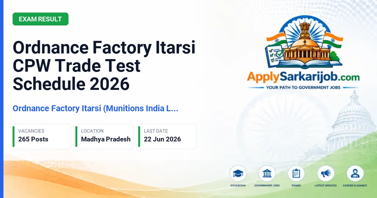 Ordnance Factory Itarsi (Munitions India Limited) - Tenure Based Chemical Process Worker (CPW) Official Notification Poster & Schedule