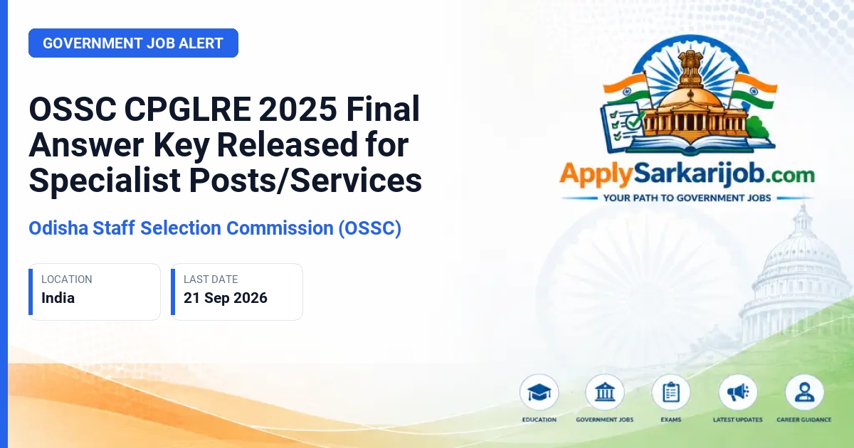 Odisha Staff Selection Commission (OSSC) - Combined Post Graduate Level Recruitment Examination (CPGLRE)-2025 for Specialist Posts/Services Official Notification Poster & Schedule