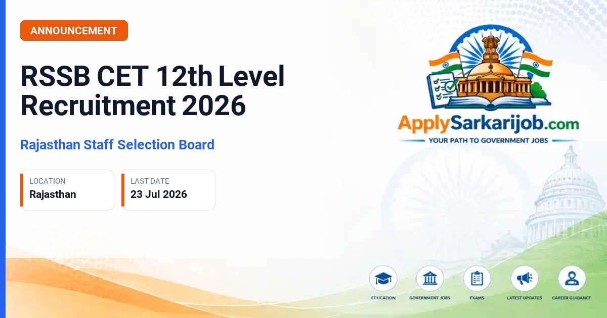 Rajasthan Staff Selection Board - Various 12th Level Posts (CET) Official Notification Poster & Schedule