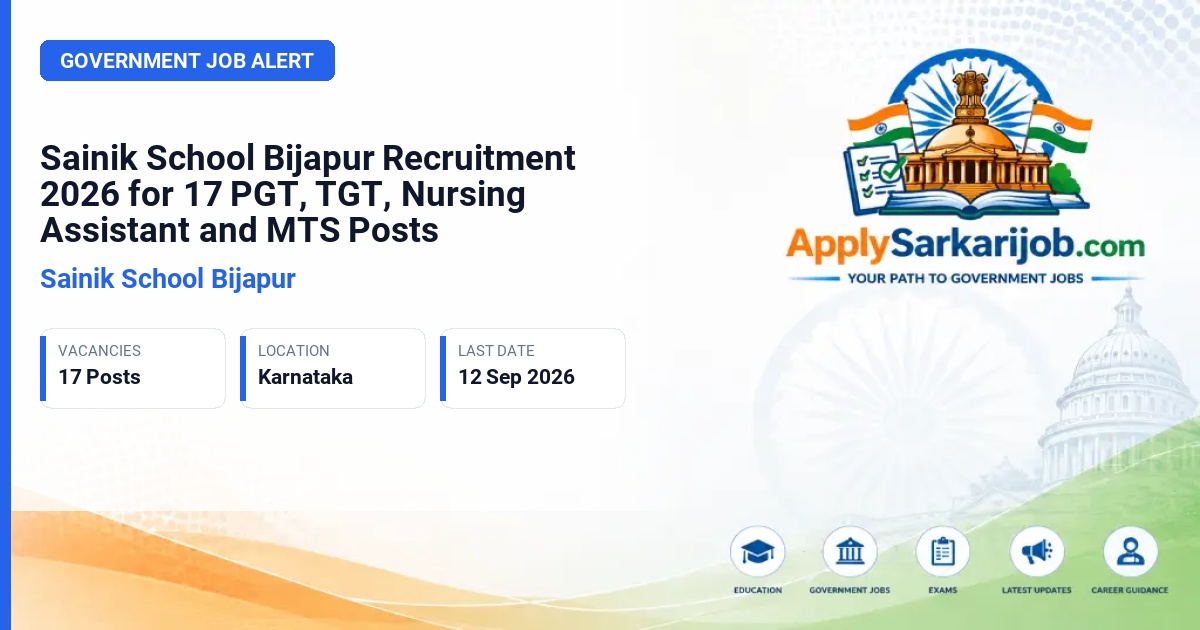 Sainik School Bijapur - PGT, TGT, Nursing Assistant, Craft Instructor and General Employees (MTS) Official Notification Poster & Schedule