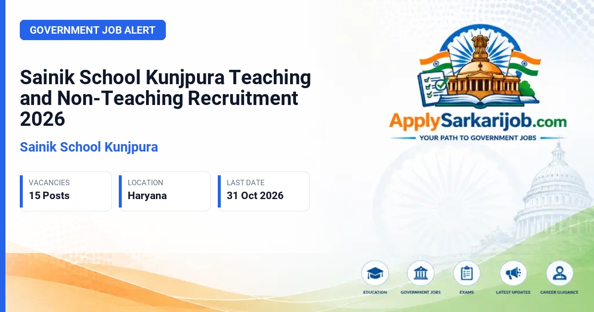Sainik School Kunjpura - TGT, Horse Riding Instructor, Band Master, Mess Manager, Nursing Sister, Ward Boys Official Notification Poster & Schedule