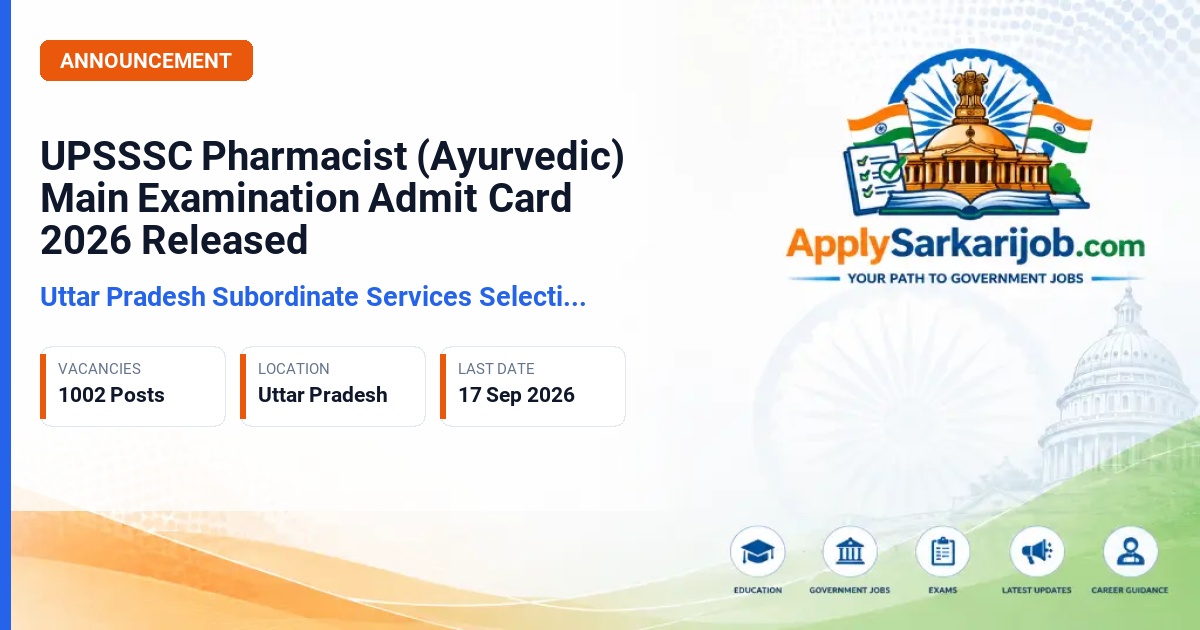 Uttar Pradesh Subordinate Services Selection Commission (UPSSSC) - Pharmacist (Ayurvedic) Official Notification Poster & Schedule